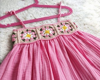 Handmade Pink Cotton Summer Dress - Crochet Floral Top, Boho Baby