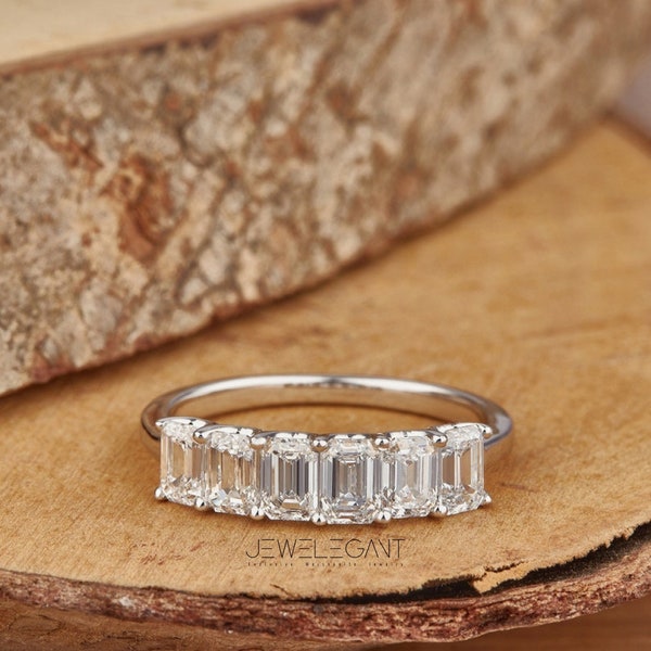2.10 Cttw Emerald Cut Moissanite Diamond Eternity Ring for Women, Half Eternity Band, Bridal Ring, Anniversary Gift Ring, Unique Collection