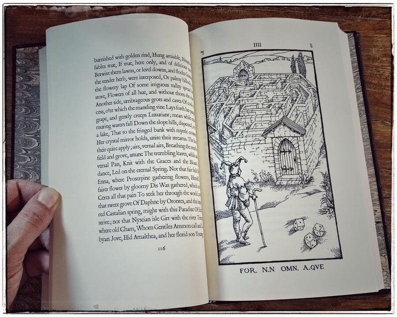 K&ouml;nnte beinhalten: Eine Schwarzwei&szlig;illustration eines Labyrinths mit einem Narren, der davor steht. Der Narr h&auml;lt einen Stab und es liegen drei W&uuml;rfel auf dem Boden. Der Text "FOR. N.N OMN. A.QVE" ist unter der Illustration gedruckt.