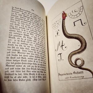K&ouml;nnte beinhalten: Ein offenes Buch mit einer detaillierten Illustration einer Schlange mit rotem Kopf und dekorativem Rand. Der Text "Bazarachiets Gestallt oder Erscheinung" befindet sich unter der Illustration. Die Seitenzahl "194" ist sichtbar.