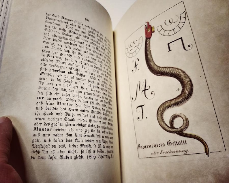 K&ouml;nnte beinhalten: Ein offenes Buch mit einer detaillierten Illustration einer Schlange mit rotem Kopf und dekorativem Rand. Der Text "Bazarachiets Gestallt oder Erscheinung" befindet sich unter der Illustration. Die Seitenzahl "194" ist sichtbar.