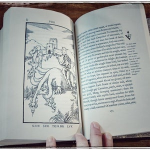 K&ouml;nnte beinhalten: Eine Schwarzwei&szlig;illustration einer Frau, die auf einem Drachen mit mehreren K&ouml;pfen steht. Der Drache blickt auf eine Burg im Hintergrund. Der Text "N.NC SCO TEN.BR LVX" ist unten auf der Seite gedruckt.