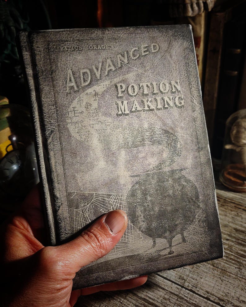 Op de afbeelding: Een vintage, versleten, zwart boek met de titel "Advanced Potion Making" op de omslag. Het boek heeft een vervaagde afbeelding van een ketel en andere hulpmiddelen voor het maken van drankjes.