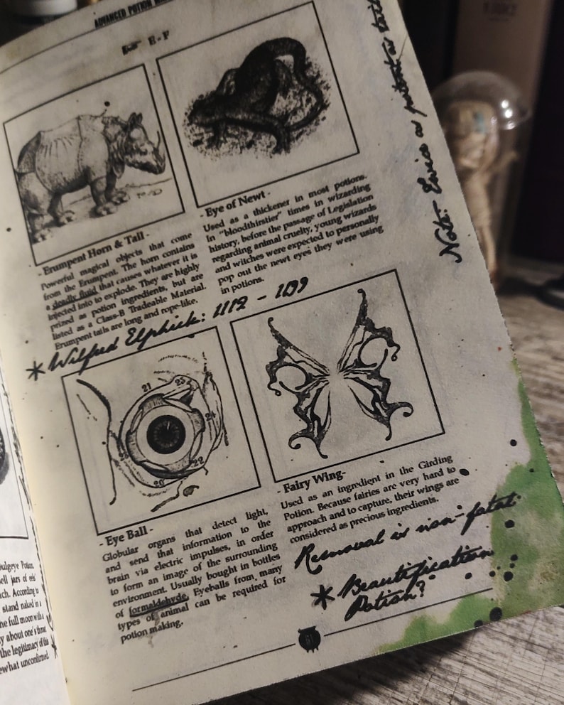 Op de afbeelding: Een pagina uit een boek over het maken van drankjes. De pagina bevat illustraties van ingredi&euml;nten, waaronder een erumpent-hoorn, een salamanderoog, een fee&euml;nvleugel en een oogbol. De tekst beschrijft de ingredi&euml;nten en hun gebruik in drankjes.