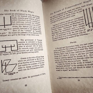 May include: A page from a book titled "The Book of Black Magic" with black and white illustrations of symbols. The text describes the symbols and their meanings. The text includes the words "The Character of Oct", "The Character of Ragite", "The Character of Ophiel", and "The Rituals of Transcendental Magic".