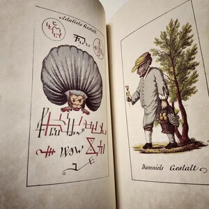 K&ouml;nnte beinhalten: Offenes Buch mit zwei Illustrationen. Die linke Seite zeigt ein Wesen mit einem gro&szlig;en, grauen, f&auml;cherartigen Kopf und rotem Text. Die rechte Seite zeigt einen Mann in einem grauen Mantel und Hut, der einen Korb mit Obst und Blumen tr&auml;gt, mit dem Text "Damniels Gestalt".