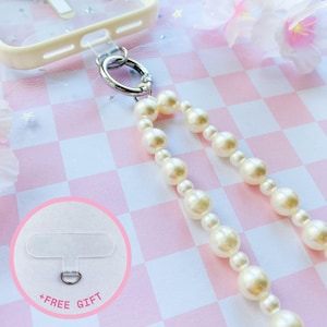 Pearl Phone Strap Wristlet, Beaded Pearl Wrist Lanyard, Beaded Strap with Letter Charm with Free Phone Hang Patch Accessory, Gift for Her