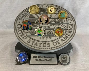 U.S. Army Emblem Coin Holder With Stand and Clock Option