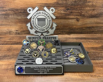 U.S. Coast Guard Emblem Folding Coin Holder With Storage Drawer and Clock Option