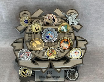 U.S. Coast Guard Emblem Coin Holder With Stand and Clock Option