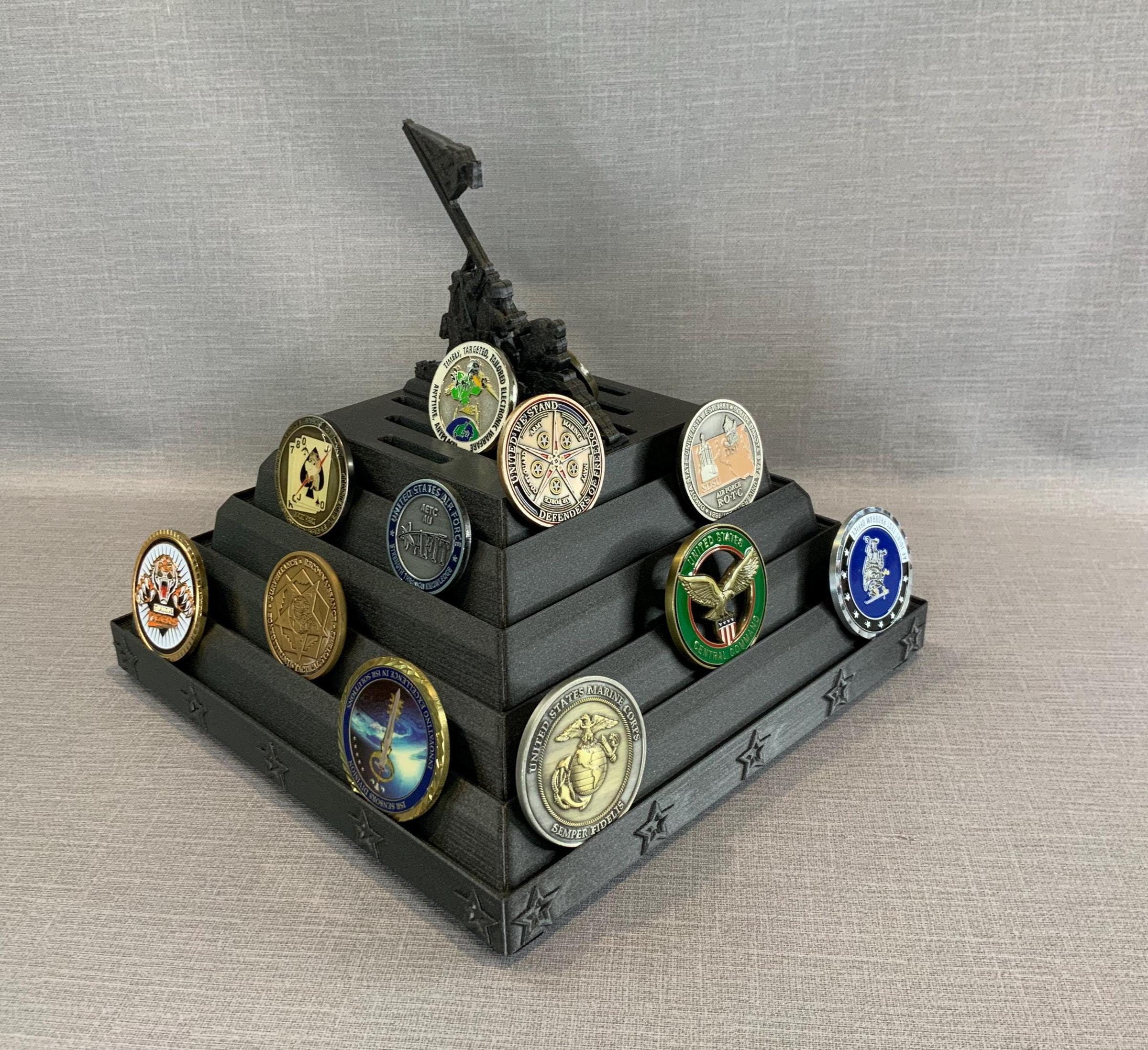 DECOMIL Military Challenge Coin Holder Stand - Walnut Wood 4-Rack Display For 40 Coins
