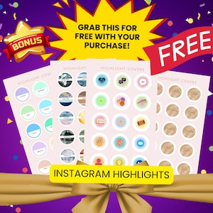 May include: A digital collection of Instagram highlight covers featuring various circular icons and text labels on light pink backgrounds. The graphic includes text that reads GRAB THIS FOR FREE WITH YOUR PURCHASE, FREE, and INSTAGRAM HIGHLIGHTS.
