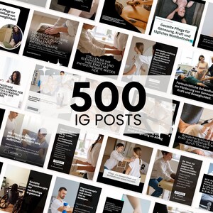 May include: A collection of 500 Instagram post templates for physiotherapy services, featuring various images of physical therapy sessions, patient care, and wellness exercises with bold black and white text overlays in German.