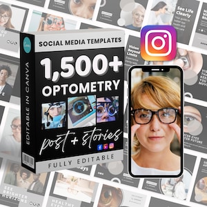 Könnte beinhalten: Eine schwarze Box mit dem Text "SOCIAL MEDIA TEMPLATES" und "1.500+ OPTOMETRY post + stories" wird angezeigt. Die Box enthält auch Bilder zum Thema Augenpflege und ein Telefon, das eine Frau mit Brille zeigt. Das Instagram-Logo ist ebenfalls sichtbar.