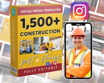 May include: A yellow box with the text "SOCIAL MEDIA TEMPLATES 1,500+ CONSTRUCTION" and "post + stories" is displayed. The box also has images of construction workers. A smartphone displays a smiling construction worker. An Instagram logo is also visible.