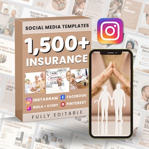 May include: A promotional image for social media templates. The image features a box with the text "SOCIAL MEDIA TEMPLATES" and "1,500+ INSURANCE". A smartphone displays an image of an elderly couple under a hand-formed roof. Instagram, Facebook, and Pinterest logos are also visible.