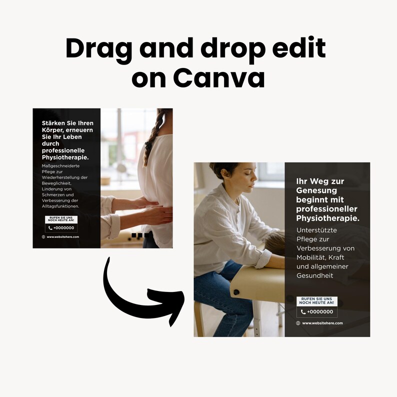 May include: A digital template for physical therapy marketing featuring two square layouts with black text boxes, white sans-serif typography, and placeholder images of a practitioner performing massage, with the text Drag and drop edit on Canva.