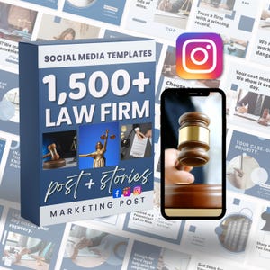 May include: A box set of social media templates for law firms, featuring the text "1,500+ Law Firm Post + Stories Marketing Post." The image includes a gavel on a smartphone screen and the Instagram logo.