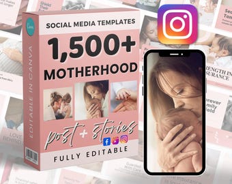 Pode incluir: Um conjunto de modelos de mídia social rosa para a maternidade, com o texto "1.500+ Motherhood Post + Stories Fully Editable". Um logotipo do Instagram é visível, junto com um smartphone mostrando uma mãe e um bebê.