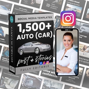 以下が含まれることがあります： 「SOCIAL MEDIA TEMPLATES」と「1,500+ AUTO (CAR)」の文字が入った黒い箱。箱にはシルバーの車のグラフィックと「post + stories」の文字も表示されています。女性が電話の画面に表示され、Instagramのロゴが見えます。