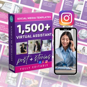Könnte beinhalten: Eine lila und rosa Box mit Social-Media-Vorlagen für virtuelle Assistenten, mit dem Text "1.500+ Virtueller Assistent" und "Post + Stories". Ein Instagram-Logo und ein Smartphone mit einer Frau am Telefon sind ebenfalls zu sehen.
