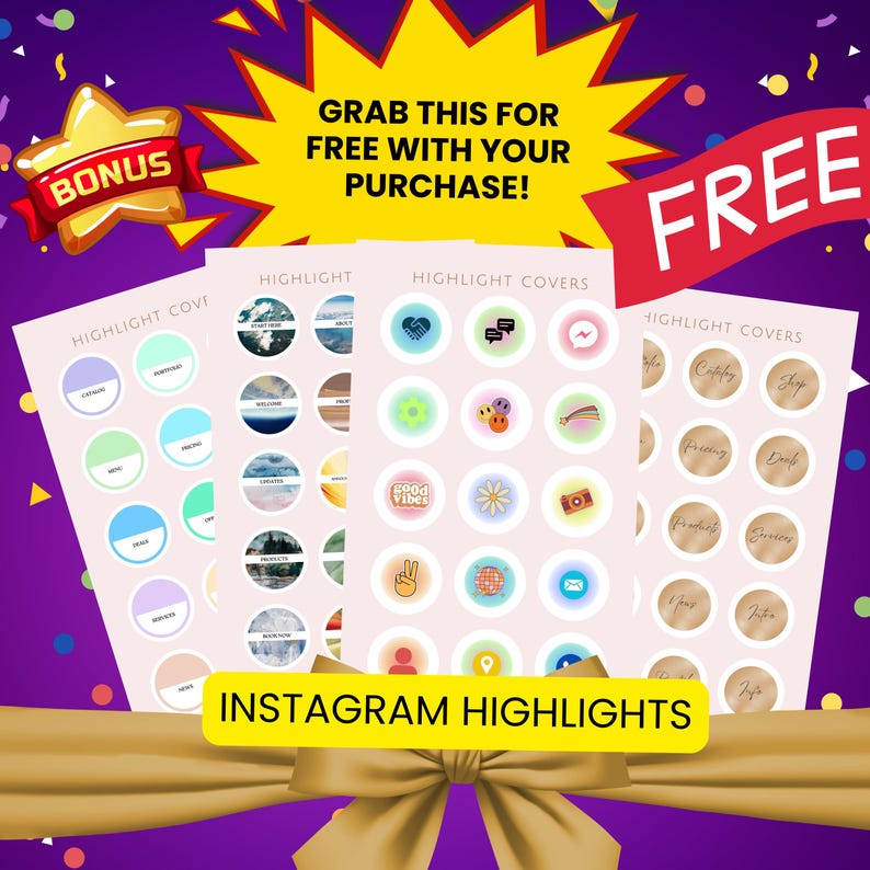 May include: Instagram highlight covers in various designs, including nature scenes, icons, and text labels. The covers are arranged on pink sheets with a gold ribbon and the text "Instagram Highlights". A bonus star and a "FREE" banner are also visible.