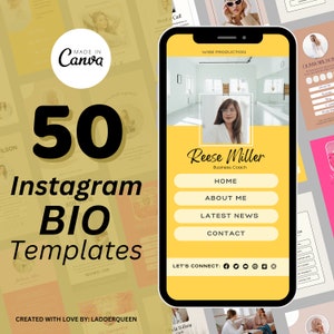 Könnte beinhalten: Ein gelber Telefonbildschirm-Mockup mit einer Business-Bio-Vorlage für Instagram. Die Vorlage zeigt ein Foto einer Frau, den Text "Reese Miller, Business Coach" und Schaltflächen für "Startseite", "Über mich", "Aktuelle Neuigkeiten" und "Kontakt". Der Text "Lass uns verbinden" wird mit Social-Media-Symbolen angezeigt.