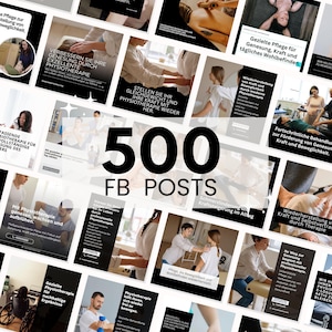 May include: A digital collection of 500 Facebook posts featuring various photographs of physical therapy sessions, including massage, exercise, and patient care, overlaid with German text and white graphic elements on a white background.