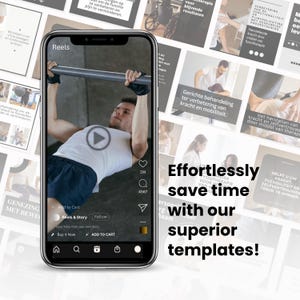 May include: A smartphone screen displaying a social media interface with a video of a person performing pull-ups on a bar. The screen shows a white tank top, dark blue shorts, and interface icons including a play button, heart, and Add to Cart text.