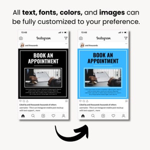 May include: Two Instagram mobile post mockups with the text "BOOK AN APPOINTMENT". One mockup has a black background, the other has a blue background. The text "All text, fonts, colors, and images can be fully customized to your preference" is at the top.