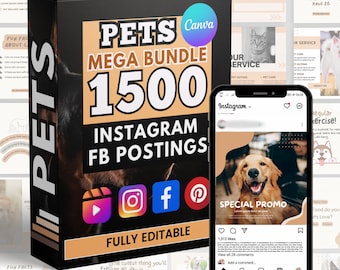 May include: A black box set labelled "PETS MEGA BUNDLE 1500 INSTAGRAM FB POSTINGS" with social media icons. A smartphone displays an Instagram post featuring a golden retriever and the text "SPECIAL PROMO".