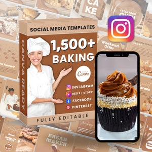 May include: A brown box with the text "SOCIAL MEDIA TEMPLATES 1,500+ BAKING" and "CANVA READY" on the front. The box is open and shows a phone screen with a photo of a caramel cupcake with white sprinkles. The phone screen also shows the text "INSTAGRAM, REELS + STORY, FACEBOOK, PINTEREST" and "FULLY EDITABLE".