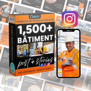 May include: A digital product box labeled 1,500+ BÂTIMENT featuring construction imagery and Canva branding, displayed alongside a smartphone screen showing a construction worker in an orange high-visibility jacket and white hard hat.