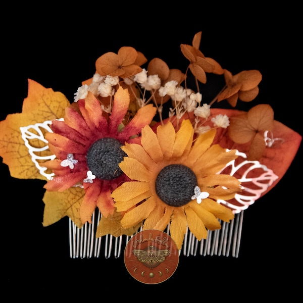 Accessoire pour cheveux - Peigne Tournesols Automne avec fleurs artificielles et séchées aux couleurs rouges-oranges