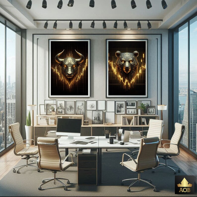 bull & bear digital prints, stock market art, wall... Bull and Bear Digital Wall Art, Golden 3D Cyberpunk Design, Stock ...