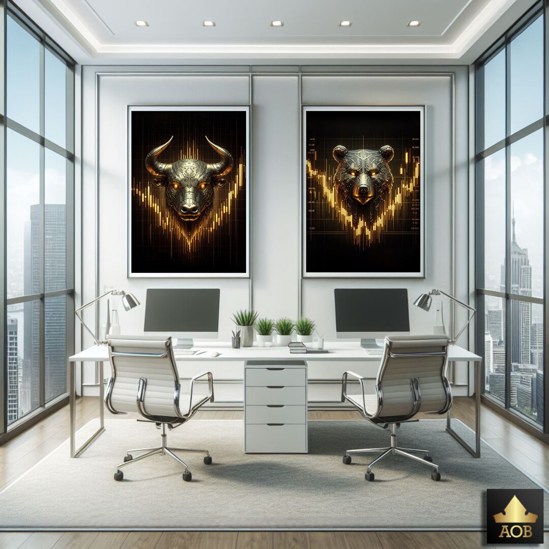 bull & bear digital prints, stock market art, wall... Bull and Bear Digital Wall Art, Golden 3D Cyberpunk Design, Stock ...