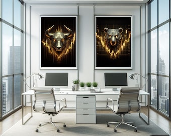 Golden Bull and Bear Cyberpunk Art: Stock Market Decor (Digital Download)