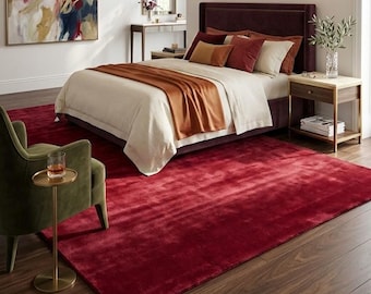 Tappeto in lana e viscosa color bordeaux, trapuntato a mano – Lussuoso tappeto di lusso per ambienti