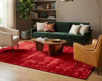 Alfombra de viscosa roja tejida a mano – Alfombra suave y mullida para la decoración moderna del hogar.