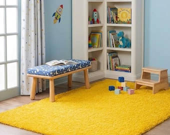 Tappeto giallo in stile boho, tappeto soffice per soggiorno, decorazioni allegre per la zona giorno.