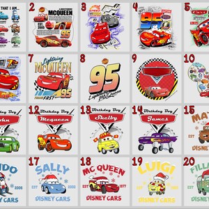 Puede incluir: Un collage de 20 dise&ntilde;os diferentes con los personajes de Cars de Disney Pixar. Cada dise&ntilde;o presenta un personaje diferente, incluyendo a Rayo McQueen, Mate y Guido. Los dise&ntilde;os est&aacute;n todos en un estilo de dibujos animados y son perfectos para usar en camisetas, tazas u otros productos.