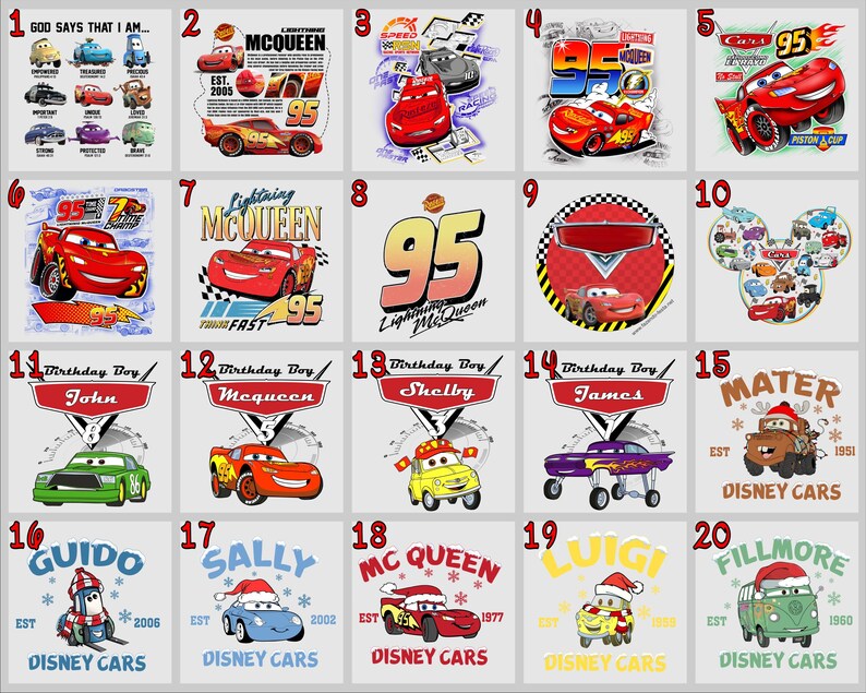 Puede incluir: Un collage de 20 dise&ntilde;os diferentes con los personajes de Cars de Disney Pixar. Cada dise&ntilde;o presenta un personaje diferente, incluyendo a Rayo McQueen, Mate y Guido. Los dise&ntilde;os est&aacute;n todos en un estilo de dibujos animados y son perfectos para usar en camisetas, tazas u otros productos.