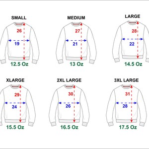 Peut inclure: Diagramme de sweat-shirts blancs de diff&eacute;rentes tailles : Petit, Moyen, Grand, Tr&egrave;s grand, 2XL Grand et 3XL Grand. Chaque taille comprend des mesures en pouces pour la longueur et la largeur, et le poids en onces.