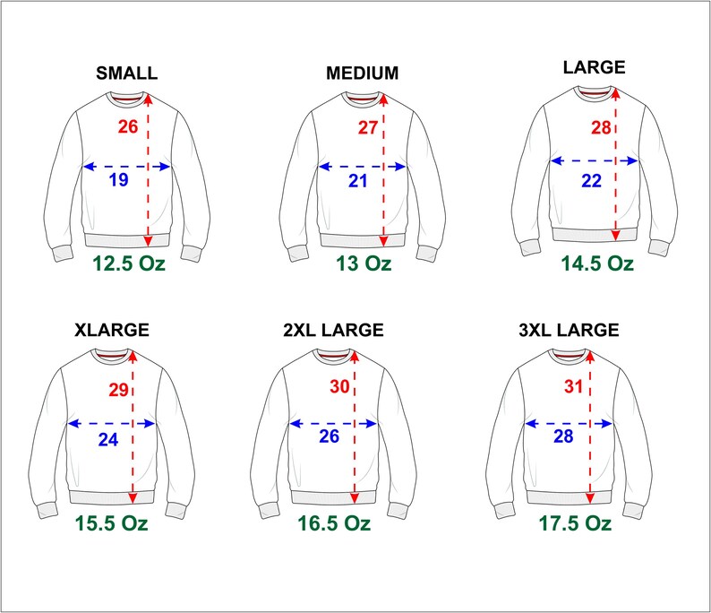 Peut inclure: Diagramme de sweat-shirts blancs de diff&eacute;rentes tailles : Petit, Moyen, Grand, Tr&egrave;s grand, 2XL Grand et 3XL Grand. Chaque taille comprend des mesures en pouces pour la longueur et la largeur, et le poids en onces.