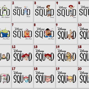 Puede incluir: Una colecci&oacute;n de 20 gr&aacute;ficos cuadrados con personajes de Disney y la palabra "SQUAD" en escritura negra. Cada gr&aacute;fico muestra un personaje diferente, incluyendo Buzz Lightyear, Woody y Jessie.