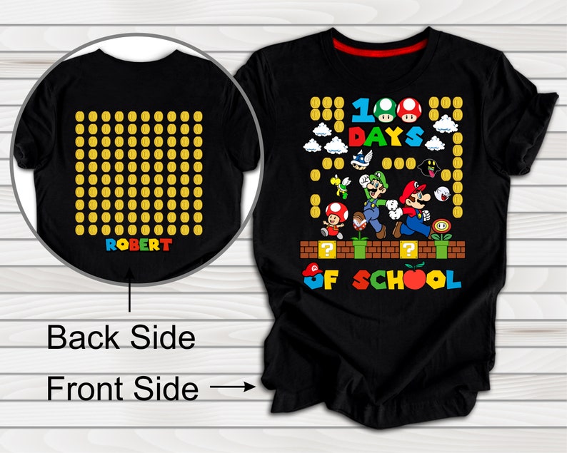 Puede incluir: Camiseta negra con un dise&ntilde;o tem&aacute;tico de Super Mario Bros. La parte delantera de la camiseta dice "100 d&iacute;as de escuela" con los personajes de Mario, Luigi y Toad. La parte trasera de la camiseta tiene una cuadr&iacute;cula de 100 c&iacute;rculos amarillos con el nombre "ROBERT" impreso debajo.