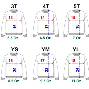 Peut inclure: Six sweat-shirts blancs avec des indications de taille et de mesures. Tailles : 3T, 4T, 5T, YS, YM, et YL. Mesures en cm et grammes, avec dimensions de poitrine et de longueur. Les sweat-shirts ont des poignets et cols c&ocirc;tel&eacute;s.