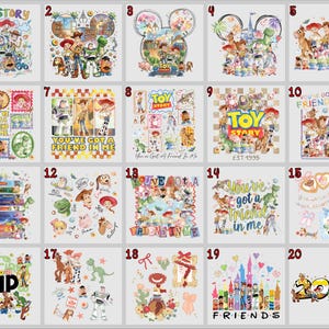 Pode incluir: Uma cole&ccedil;&atilde;o de designs coloridos com o tema Toy Story. As imagens apresentam v&aacute;rios personagens do filme de anima&ccedil;&atilde;o, incluindo Woody, Buzz Lightyear e outros. Alguns designs incluem texto como "Toy Story" e "You've Got a Friend in Me."
