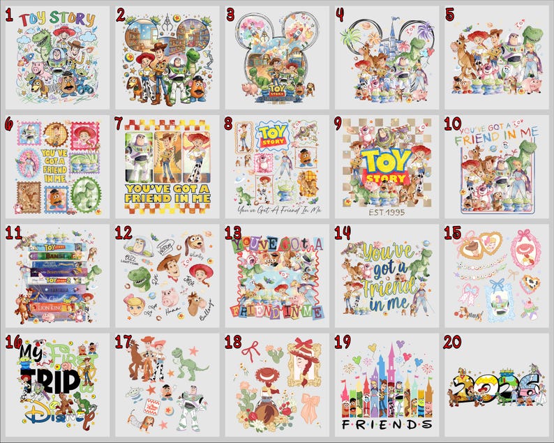 Pode incluir: Uma cole&ccedil;&atilde;o de designs coloridos com o tema Toy Story. As imagens apresentam v&aacute;rios personagens do filme de anima&ccedil;&atilde;o, incluindo Woody, Buzz Lightyear e outros. Alguns designs incluem texto como "Toy Story" e "You've Got a Friend in Me."