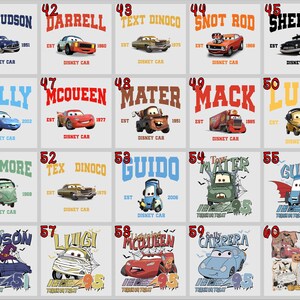 Puede incluir: Un collage de 60 dise&ntilde;os diferentes con personajes de la franquicia de pel&iacute;culas Cars de Disney Pixar. Cada dise&ntilde;o presenta un personaje diferente con su nombre y un logotipo de Disney Cars. Los dise&ntilde;os est&aacute;n dispuestos en una cuadr&iacute;cula de 6 filas y 10 columnas.